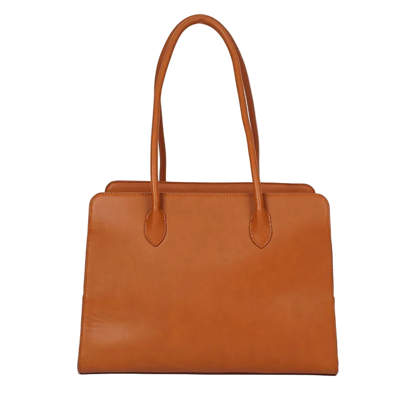 Brown leather handbag on a white background