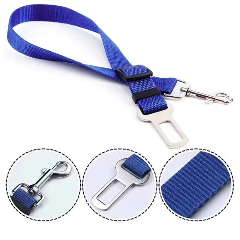 Blue dog car seat belt with detailed views on a white background