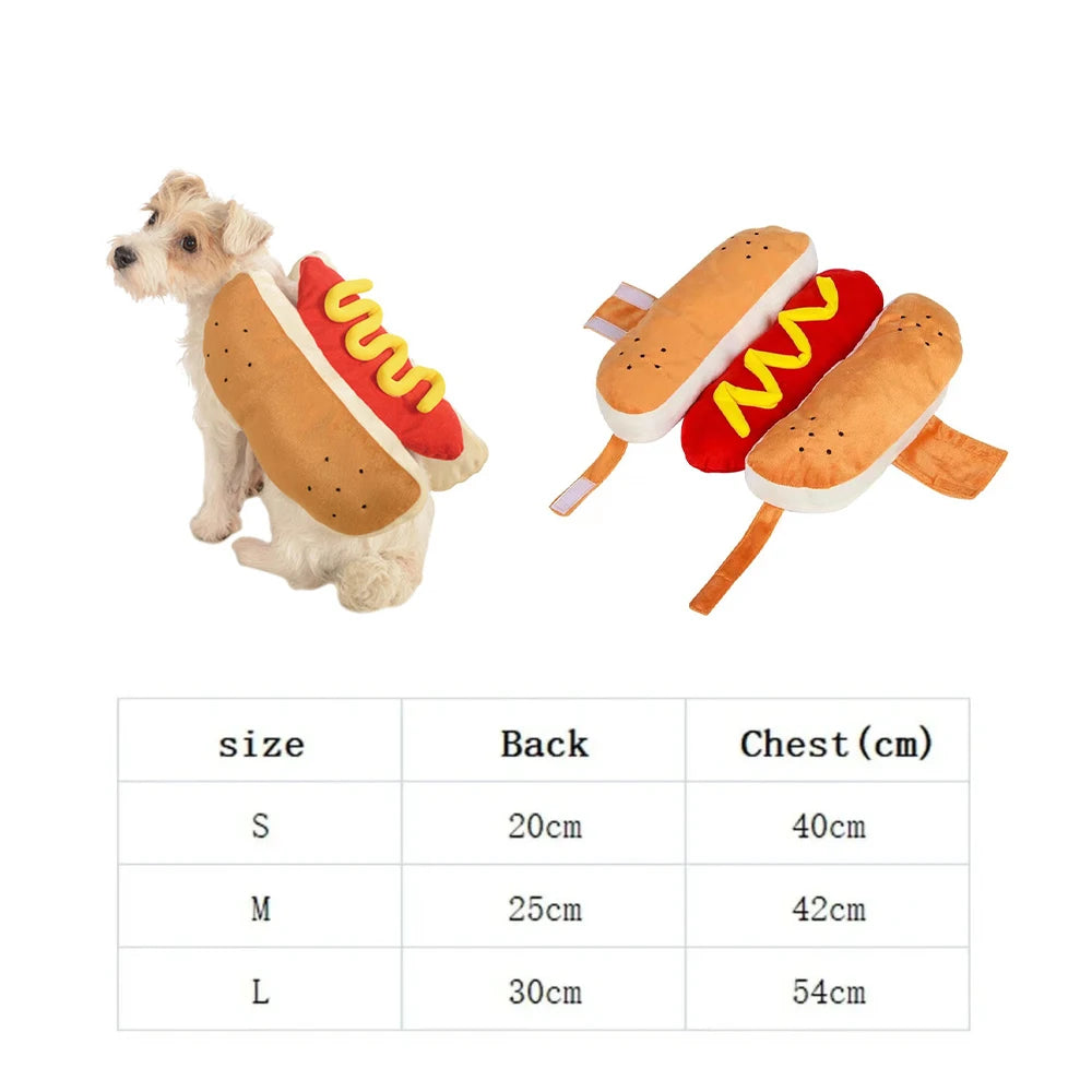 Dog wearing a hot dog costume with measurements displayed.