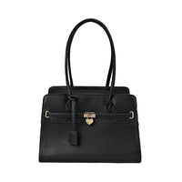 Black handbag with gold accents on a white background