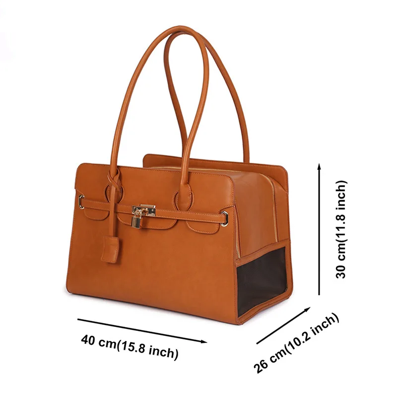 Brown handbag with dimensions indicated on a white background