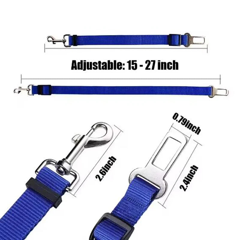 Blue dog seat belt with measurements on a white background