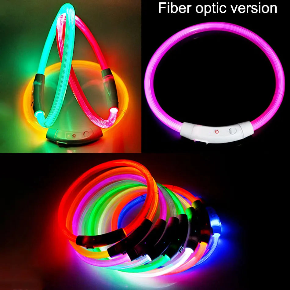 Fiber optic LED dog collar with colorful lighting effects on a dark background.