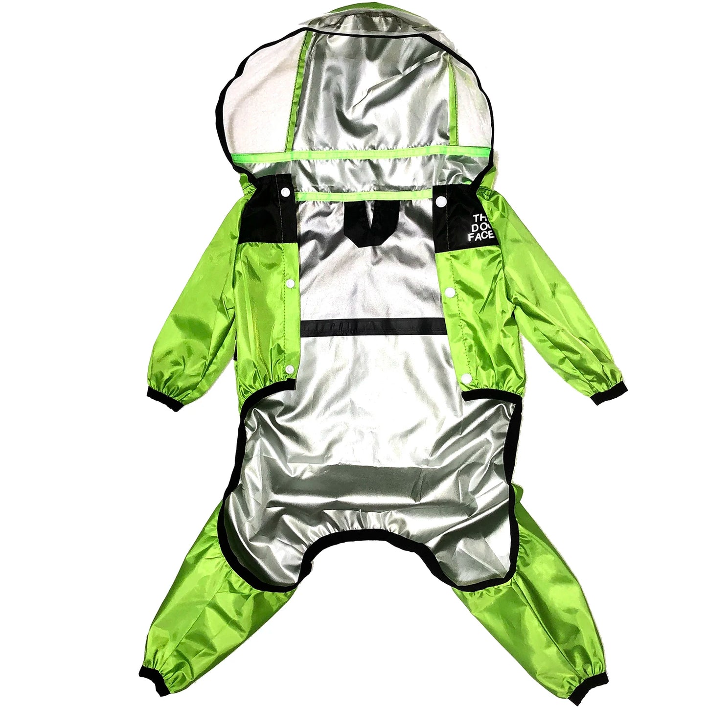 Reflective dog raincoat with green body and silver hood on a white background