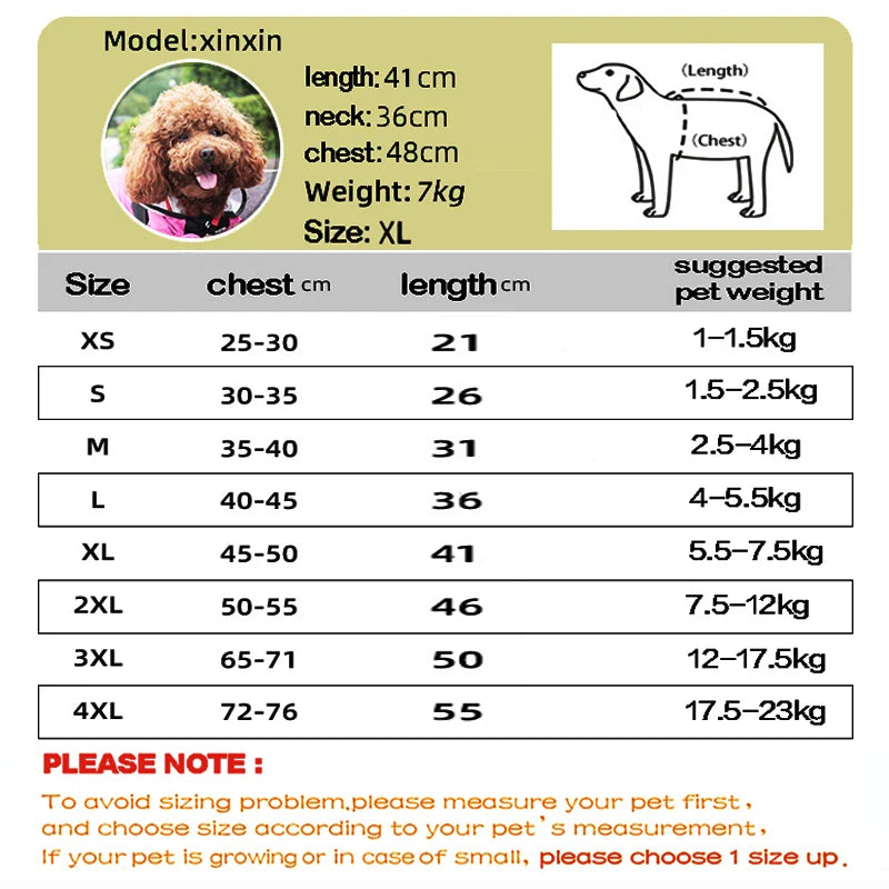 Dog coat size chart with measurements and weight suggestions