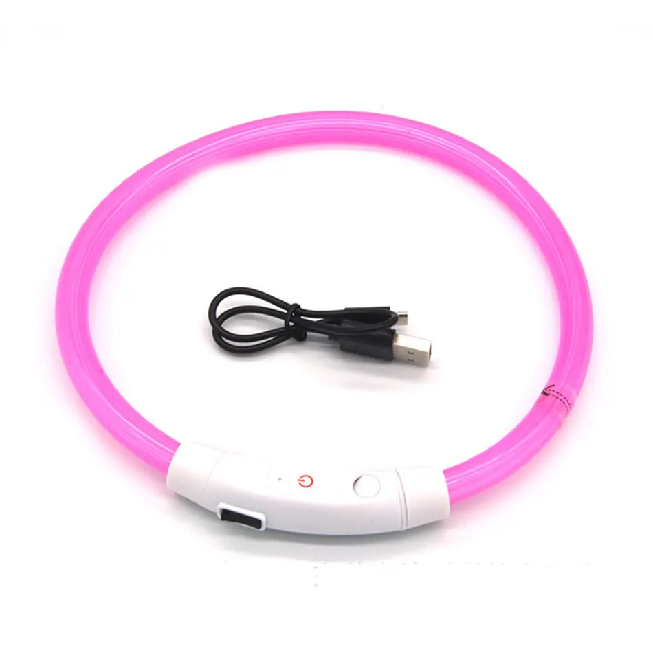 Pink LED dog collar with USB cable on a white background