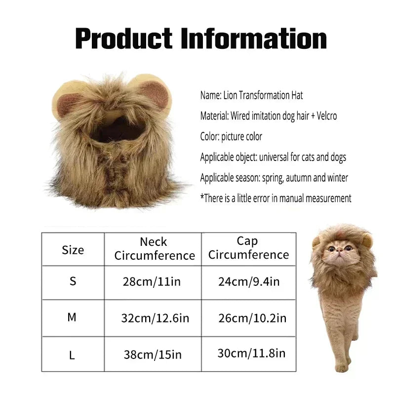 Cat wearing a lion transformation hat with product information on a white background