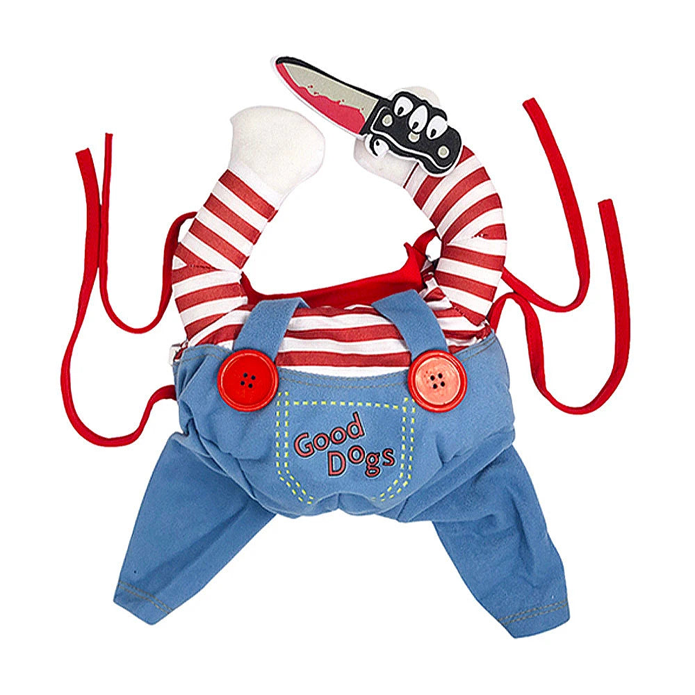 Dog toy with a red and white striped shirt, blue overalls, and a leash on a white background.