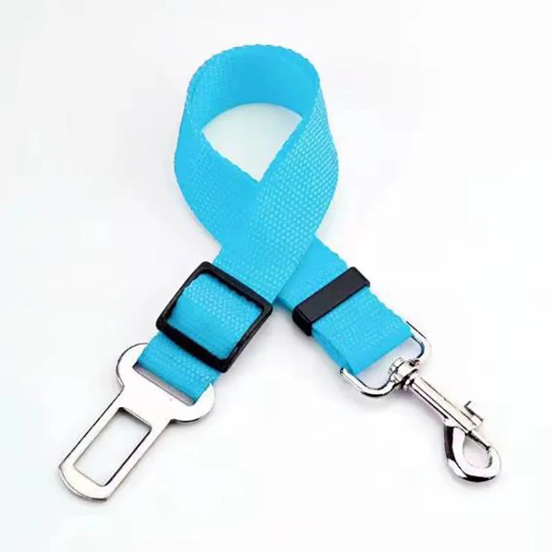 Blue car seat belt cover with a metal clip on a white background
