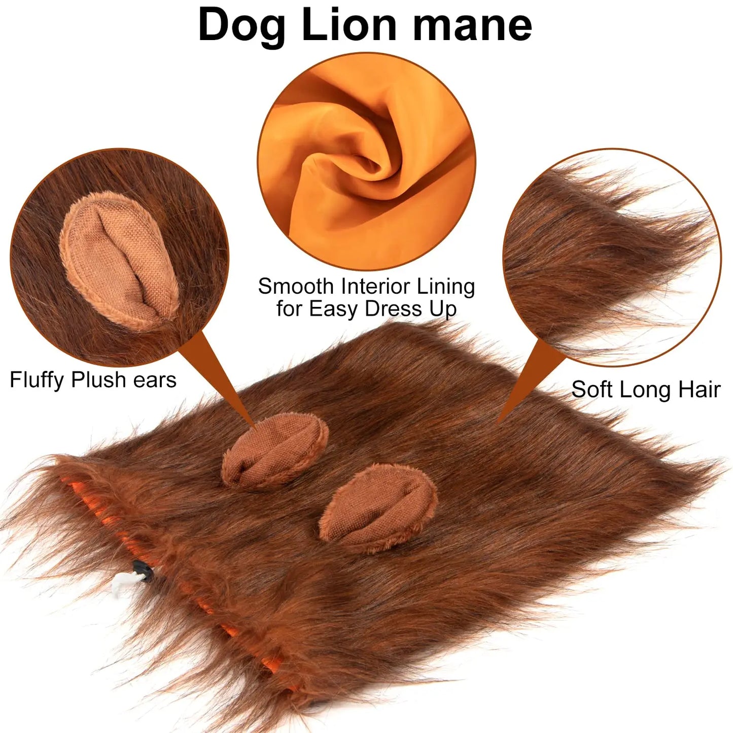 Dog lion mane with details on fluffy plush ears, smooth interior lining, and soft long hair.