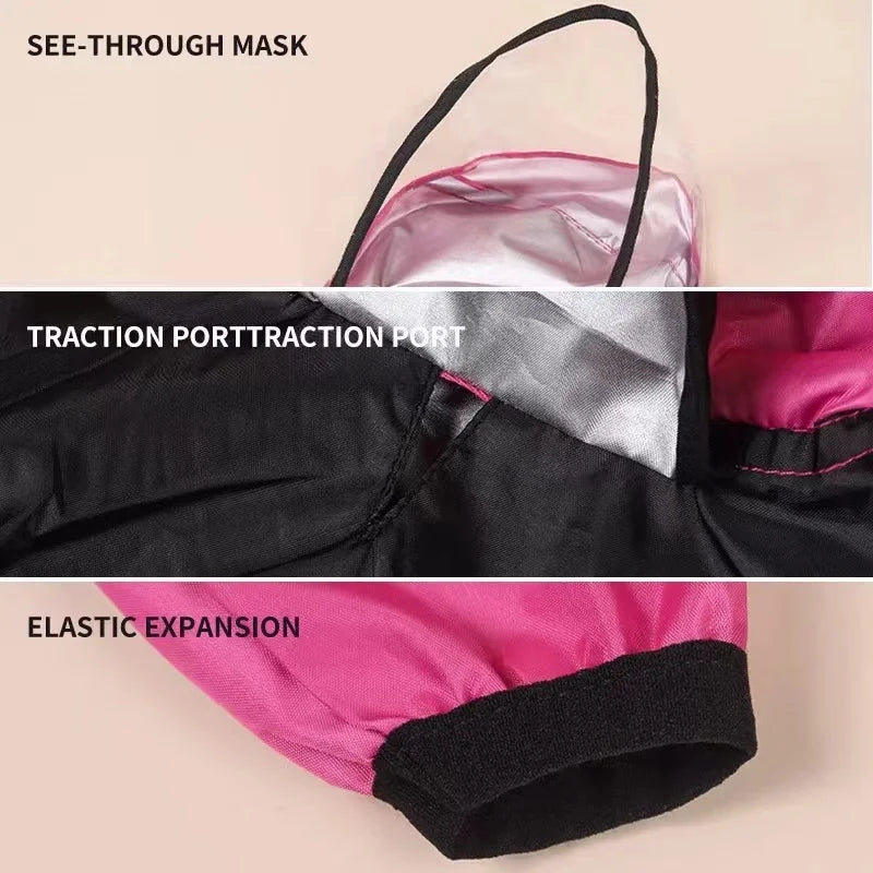 Close-up of a pink and black jacket with text labels on a beige background