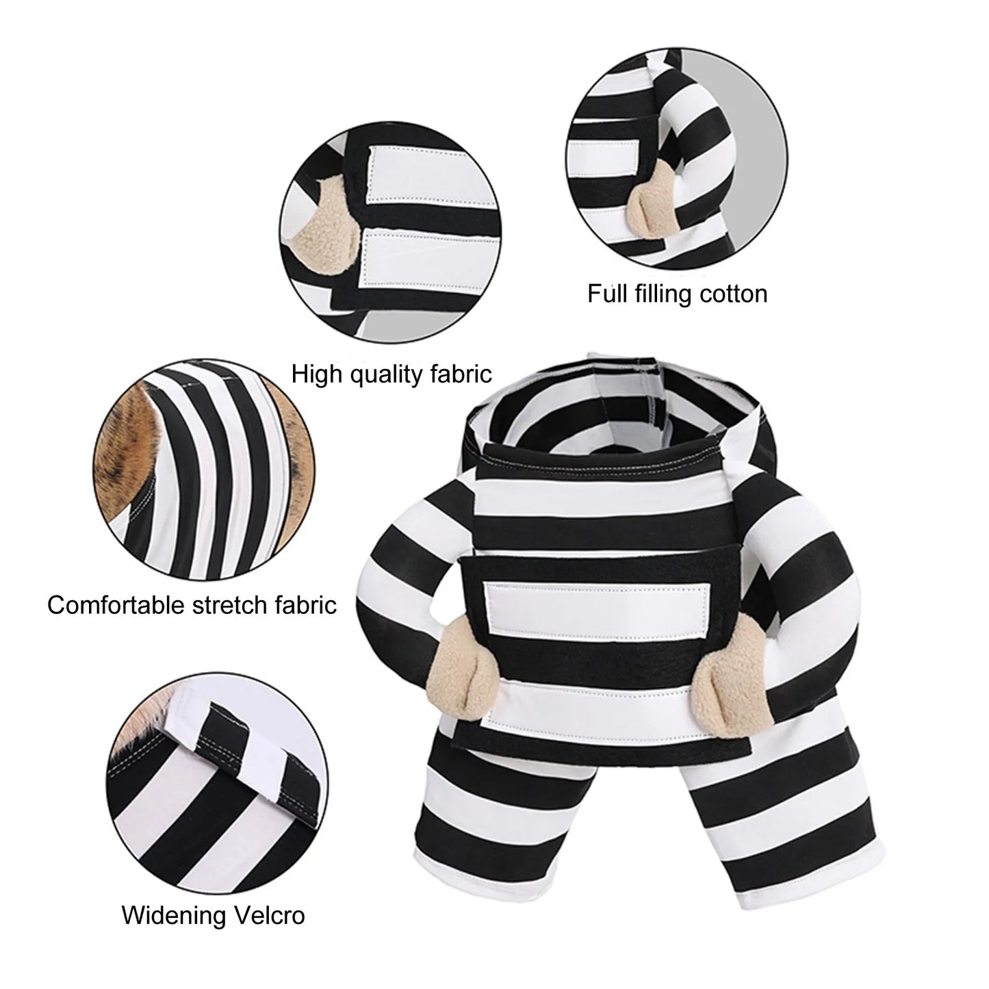 Black and white striped dog coat with fabric quality features highlighted