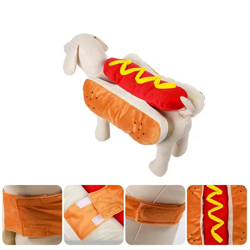 Dog toy shaped like a hot dog with a bun, red body, and yellow mustard on a white background.