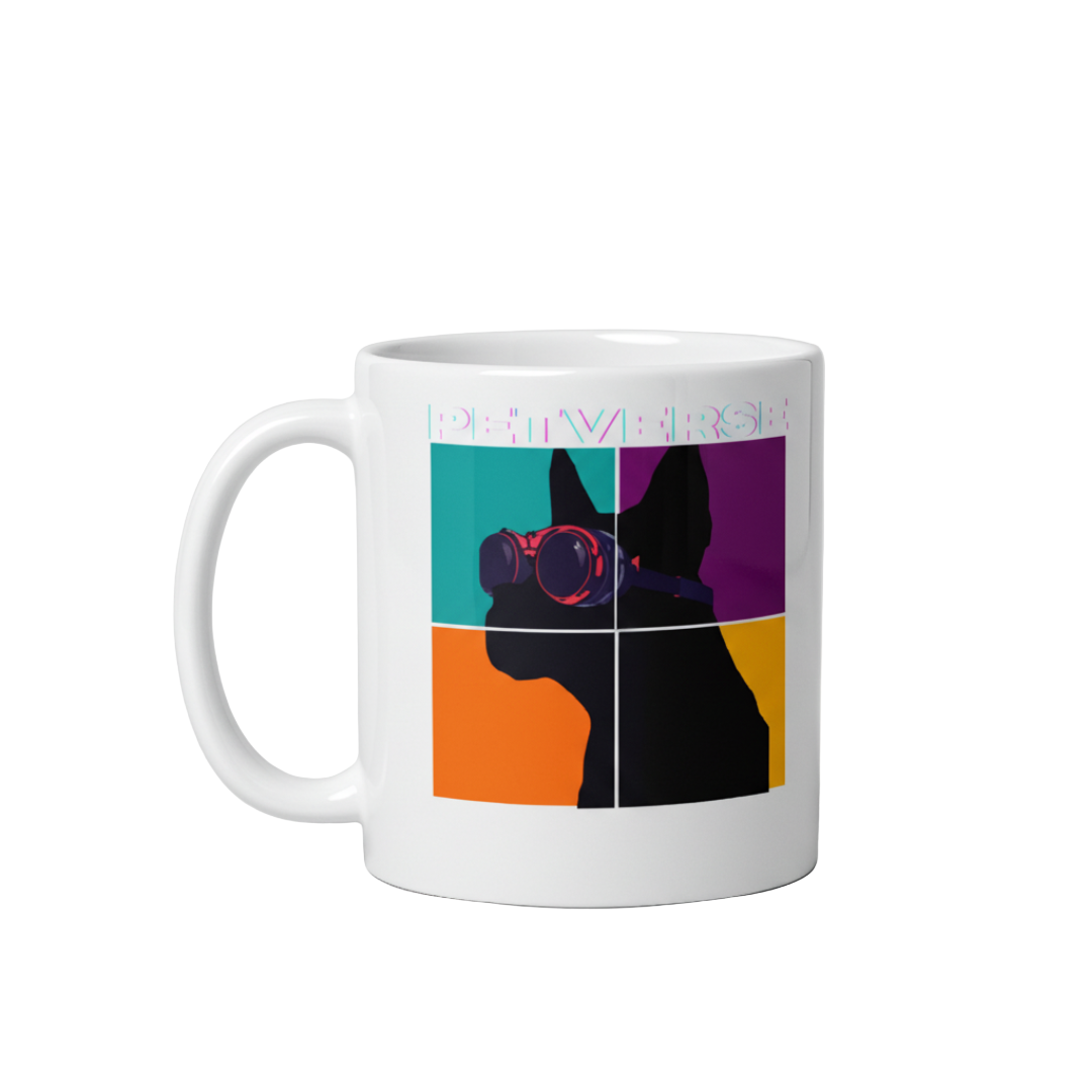 White mug with a colorful design of a dog wearing glasses on a light gray background