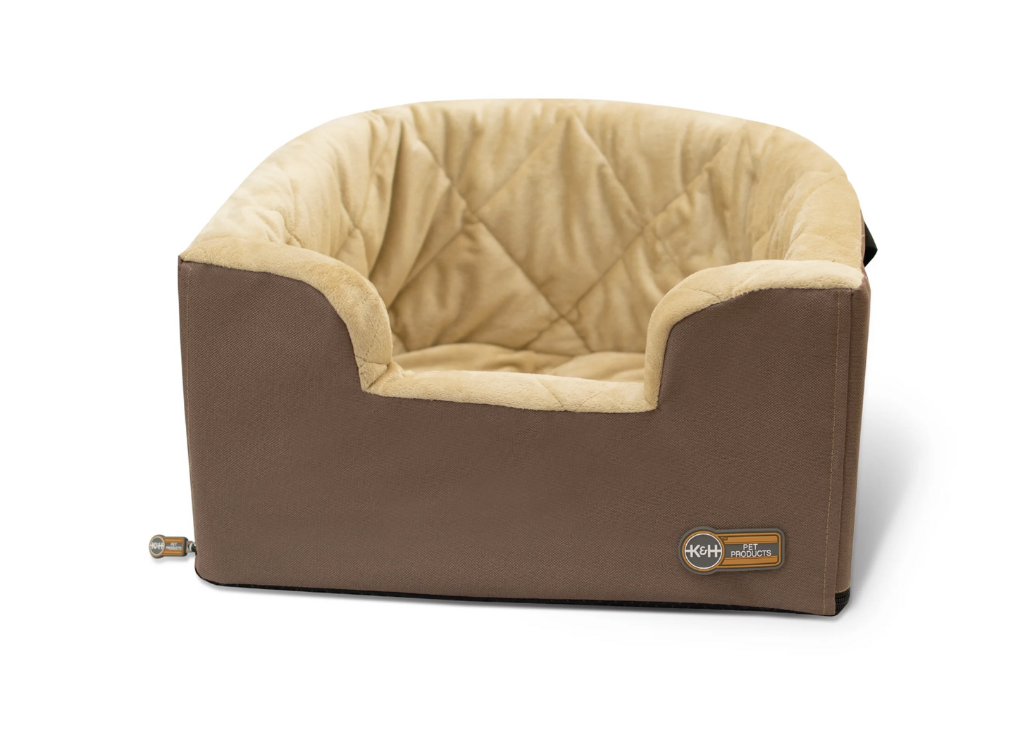 Brown and beige pet bed with a visible brand logo on a white background