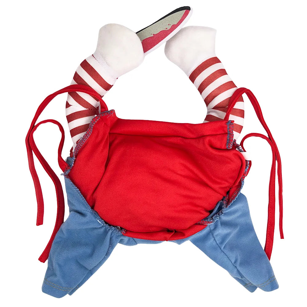 Red and blue outfit with striped socks on a white background