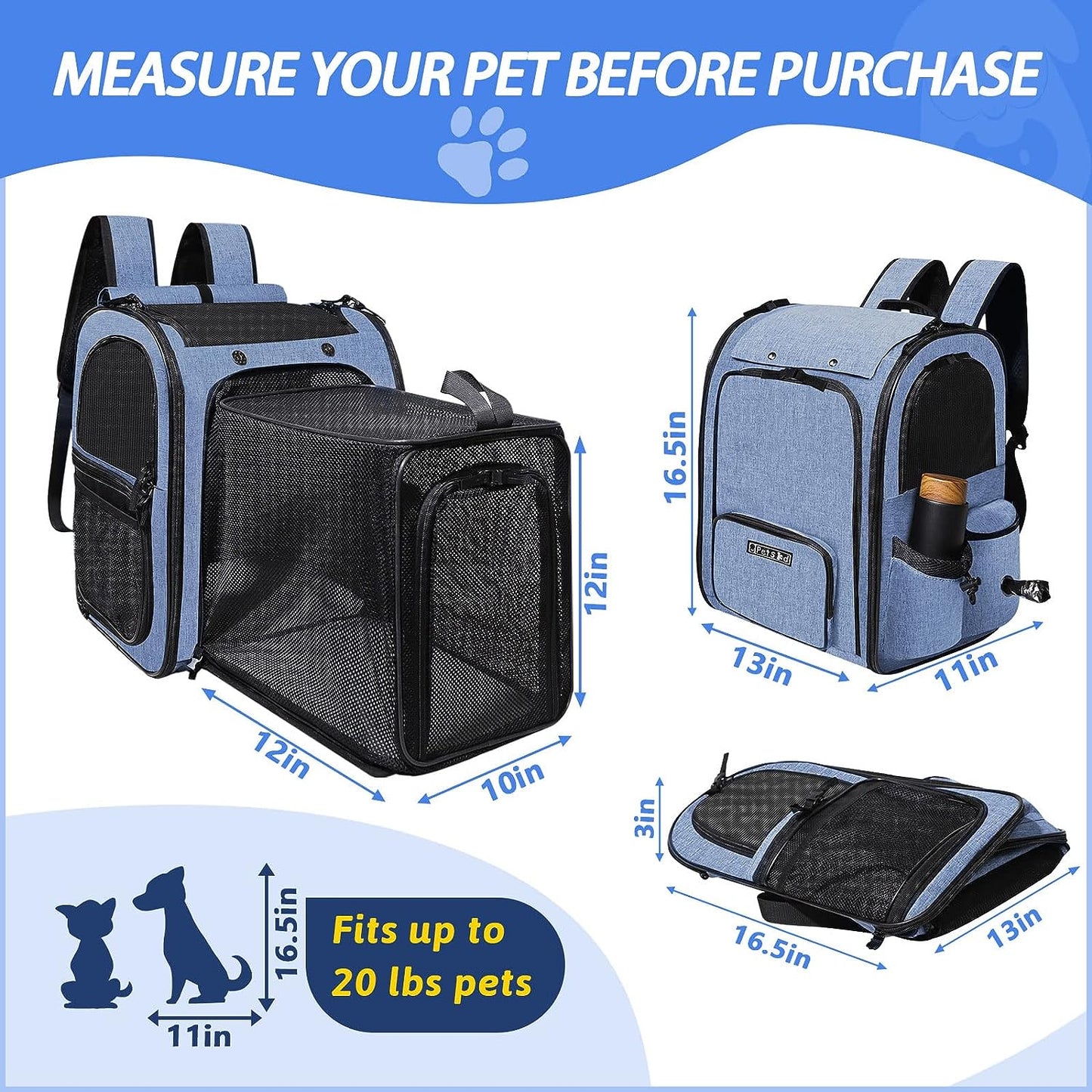 Expandable Pet Carrier Backpack for Small Medium Dog and Cat, Large Space Fits up to 15 Lbs Pet, Foldable Backpack with Safety Lock Zipper and Breathable Mesh for Travel Hiking Camping(Blue)