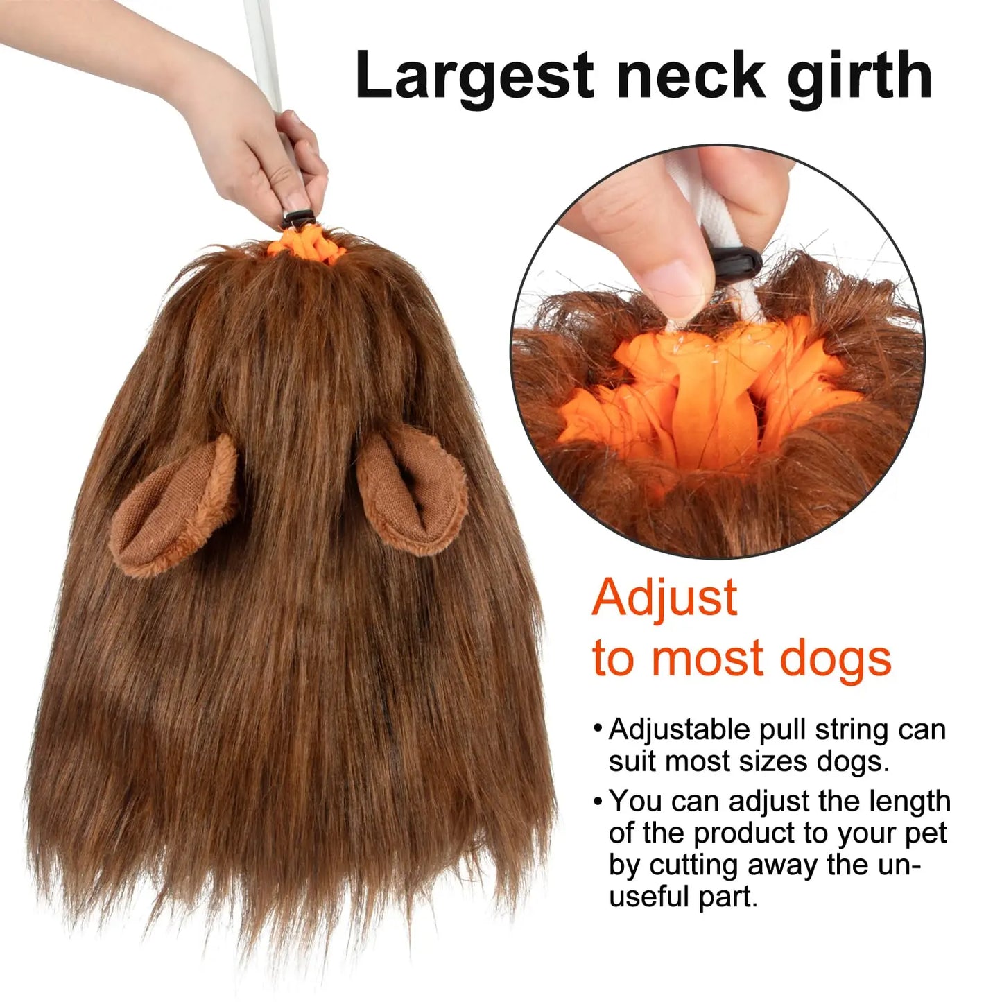 Dog toy with brown hair and orange interior, adjustable for most dogs.