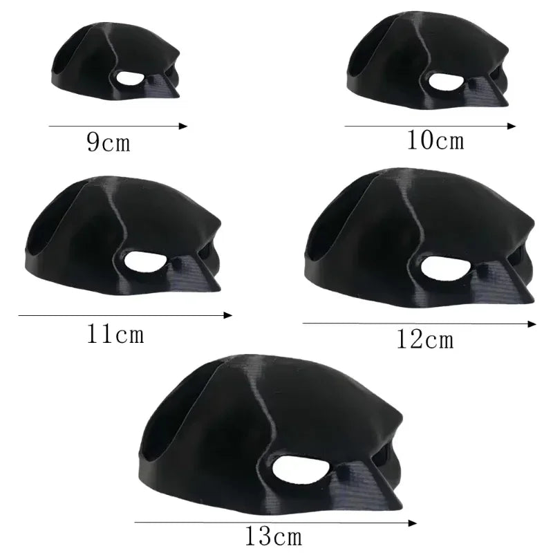 Black plastic components with measurements on a white background