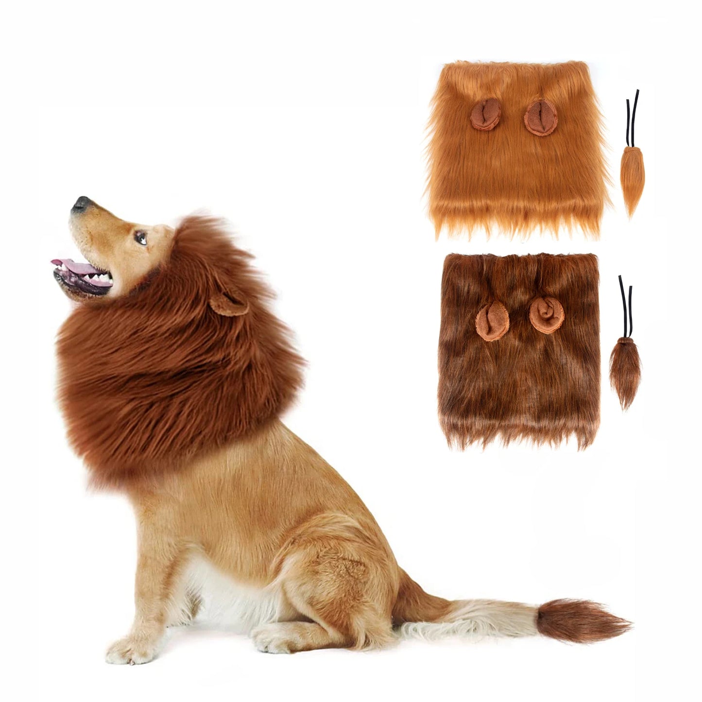 Dog wearing a lion mane costume with additional mane pieces displayed on a white background