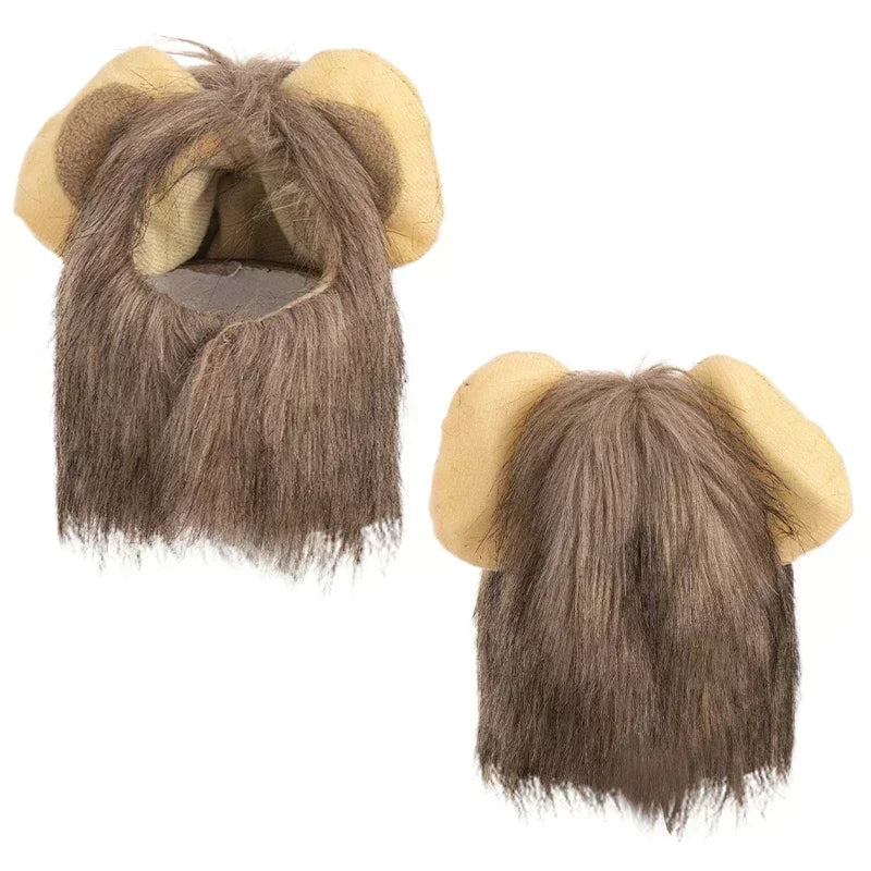 Two lion head costumes with long fur and yellow ears on a white background