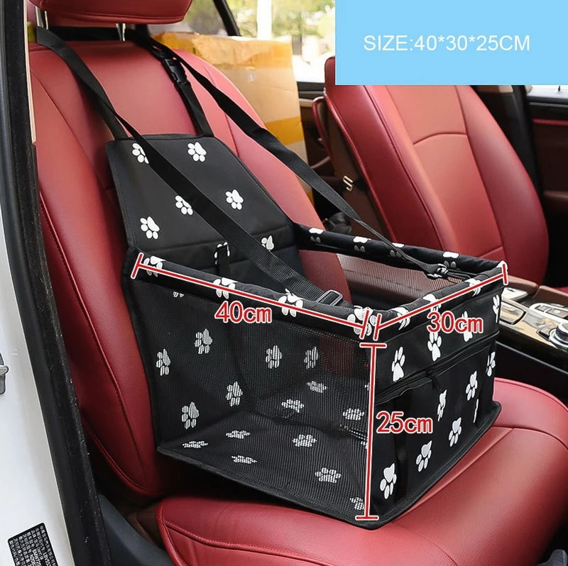 Pet car seat cover with dimensions on a red car seat