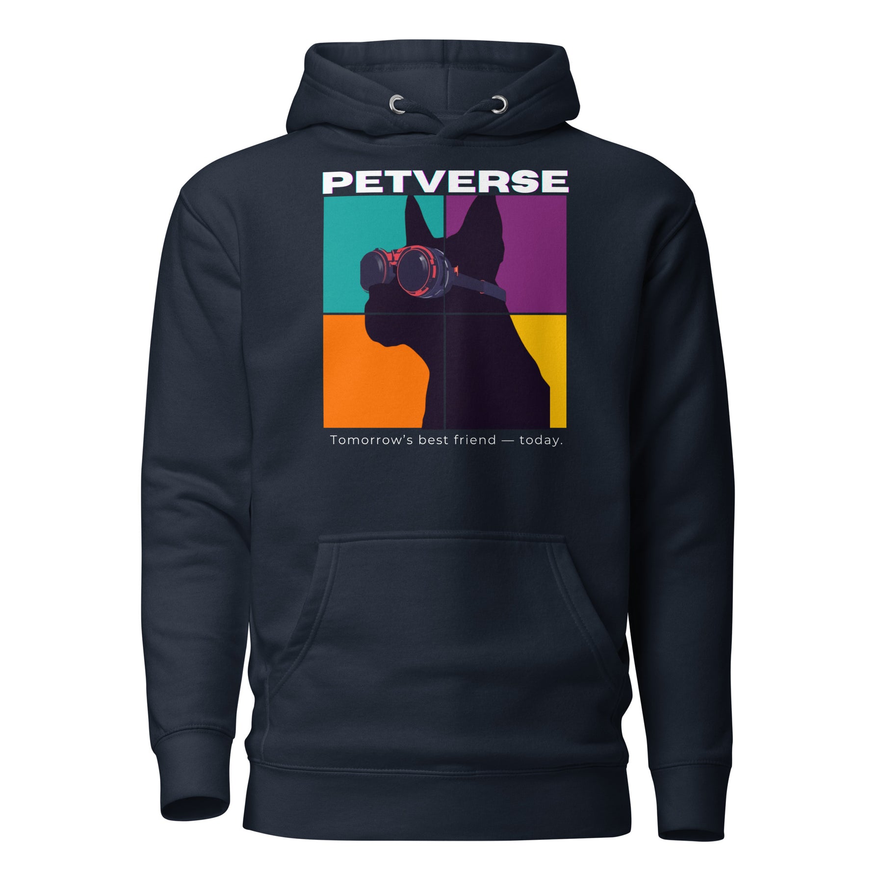 Black hoodie with colorful graphic and 'PETVERSE' text on a white background