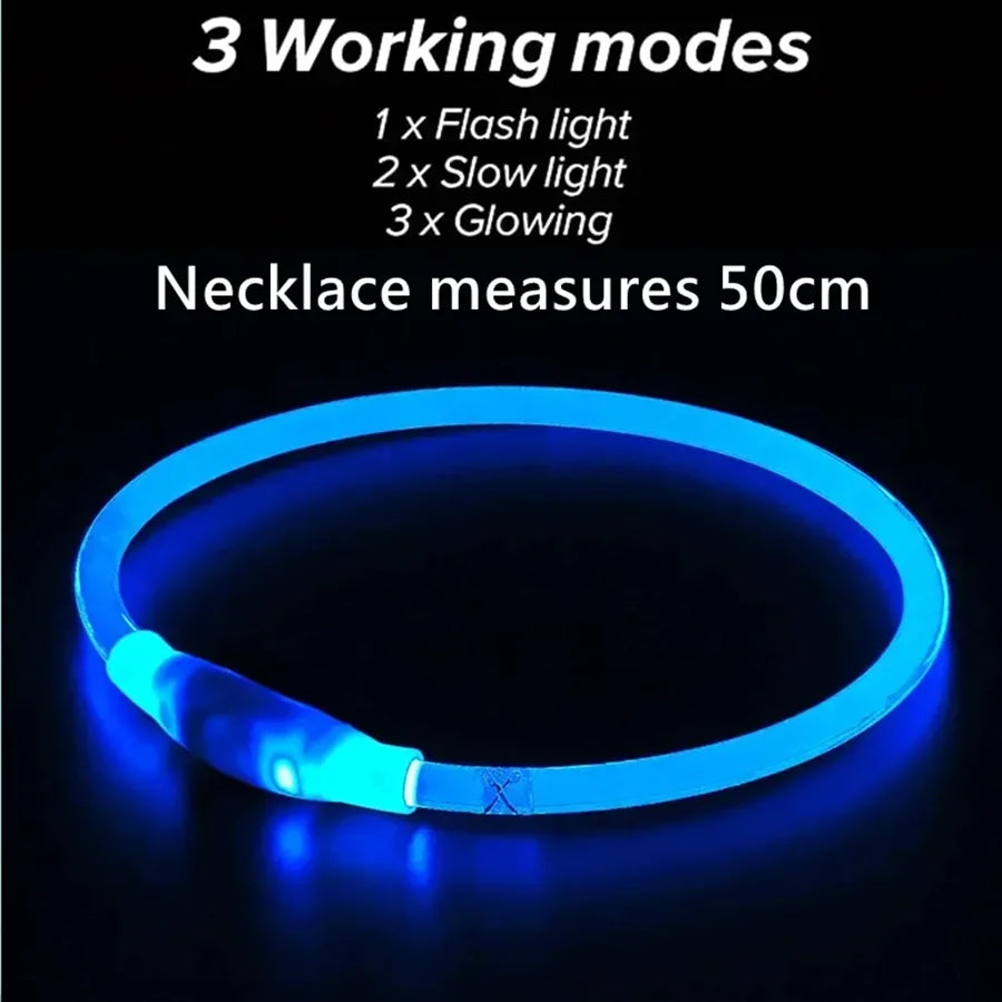 Blue LED necklace with text on working modes and length on a black background