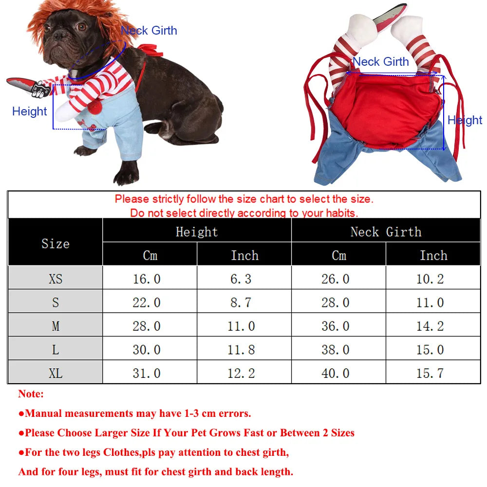 Measurement chart for dog costumes with labeled parts and size chart.