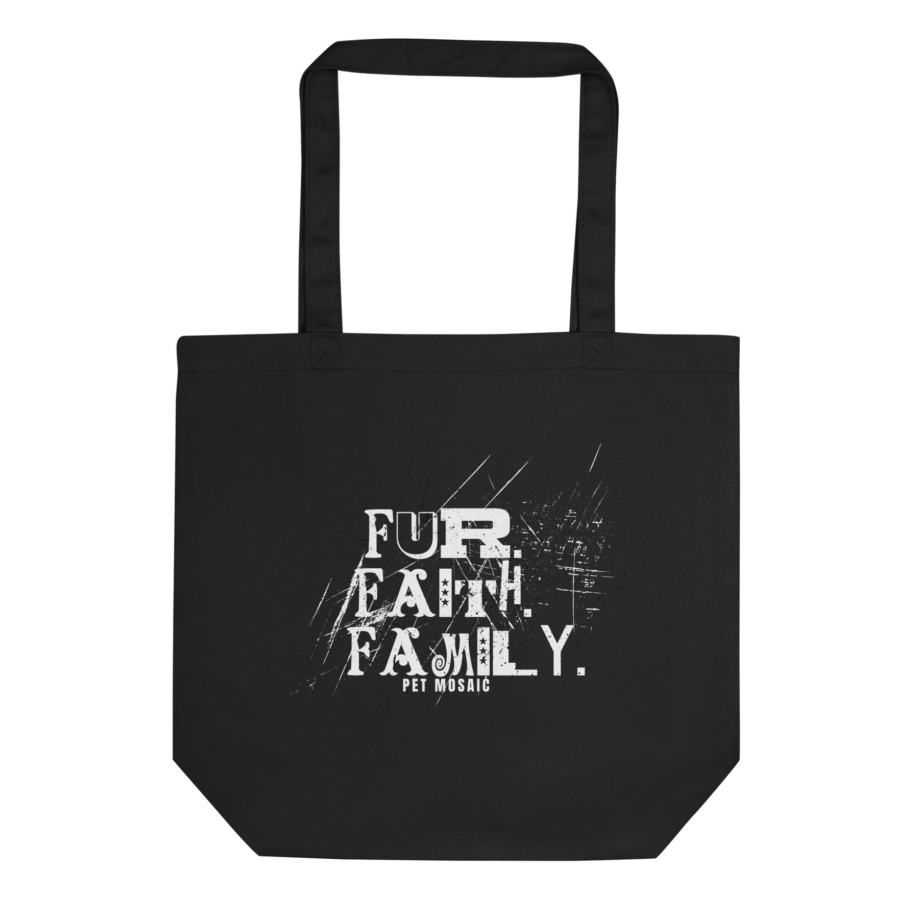 Black tote bag with white text 'FUR FAITH FAMILY' on a white background