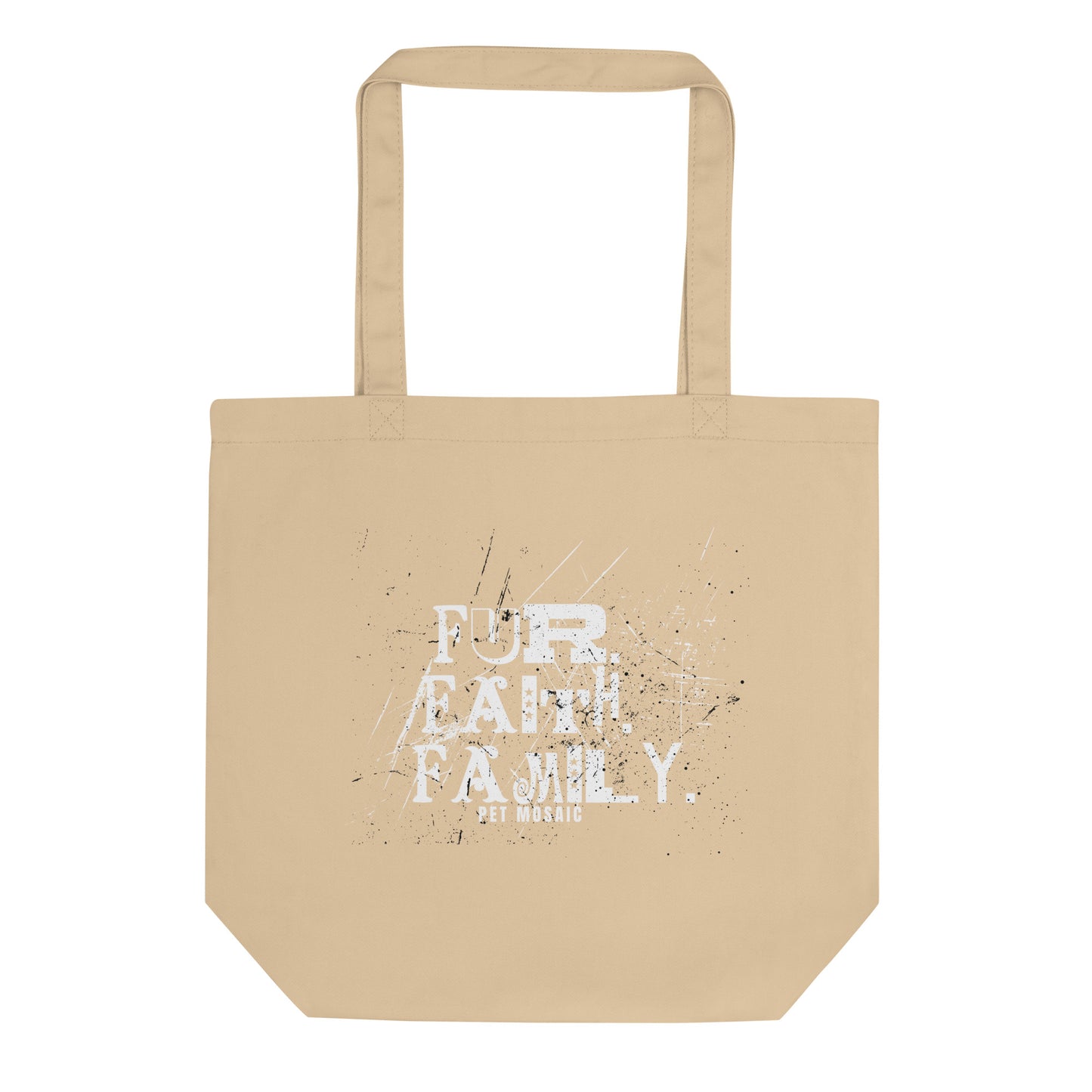 Beige tote bag with 'Fur FAITH Family' text on a white background