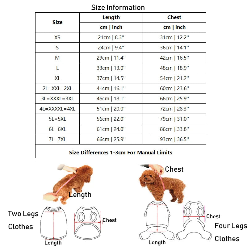 Size chart for dog clothing with measurements in centimeters and inches.