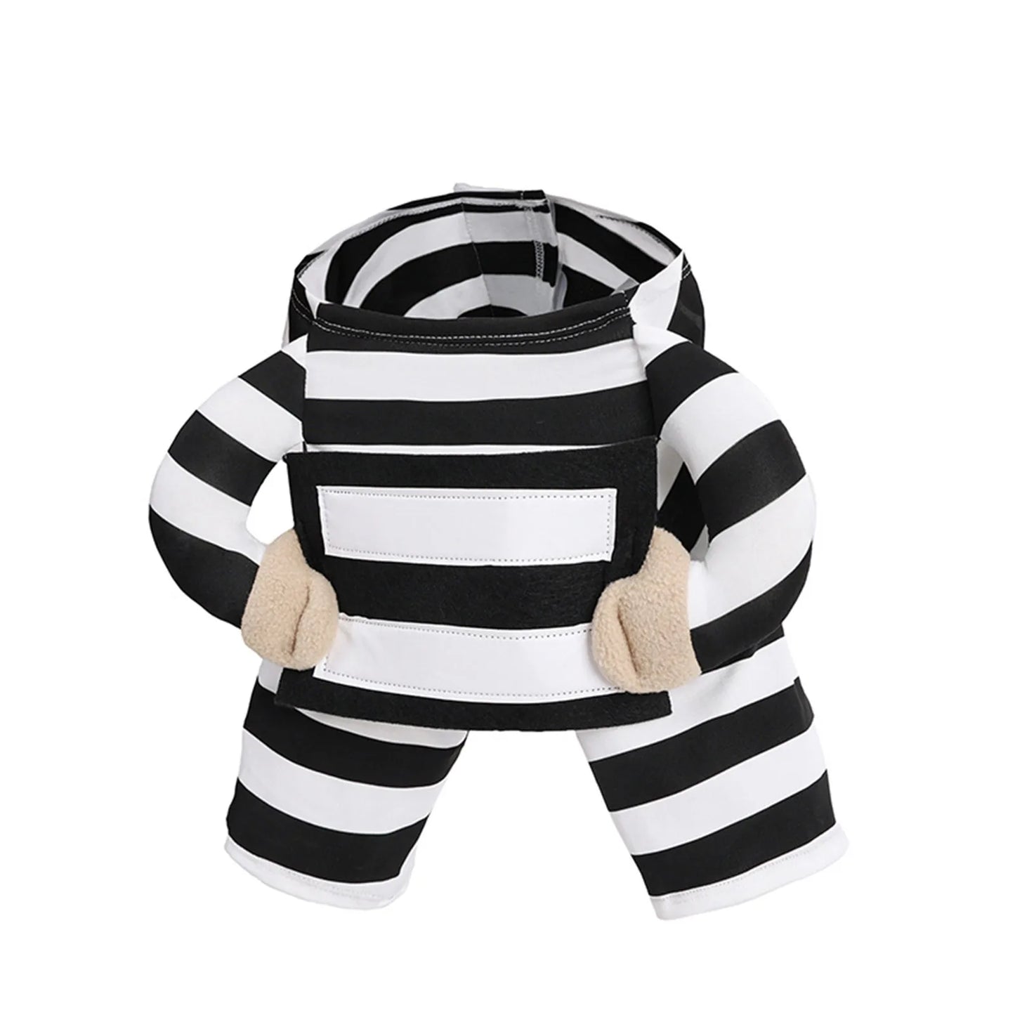 Black and white striped baby outfit with beige mittens on a white background