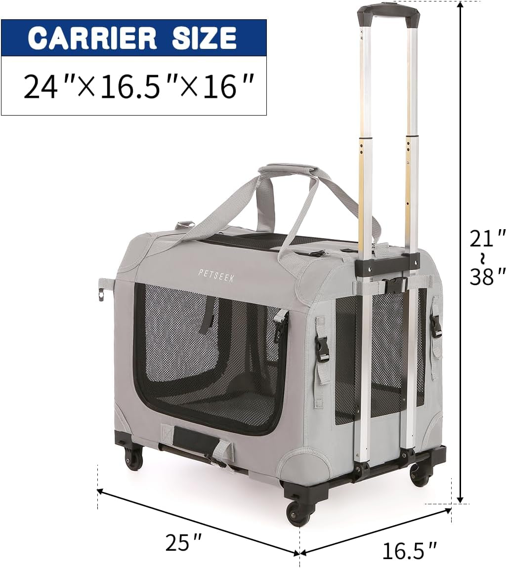 Extra Large Cat Carrier Soft Sided with Wheels Folding Small Medium Dog Pet Carrier 24"X16.5"X16" Travel Collapsible Ventilated Comfortable Design Portable Vehicle