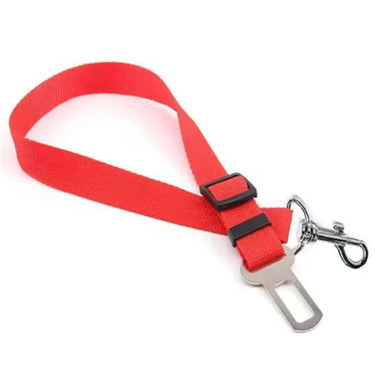 Red seat belt lanyard with a metal clip on a white background