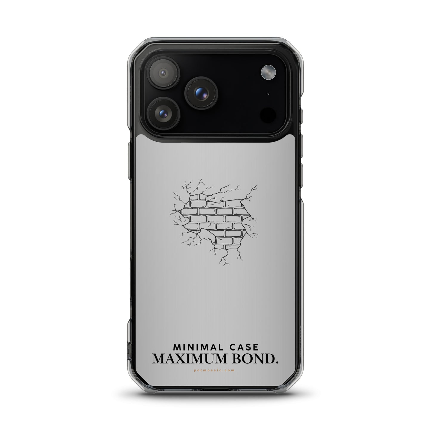Phone case with minimal design and 'Minimal Case Maximum Bond' text on a white background