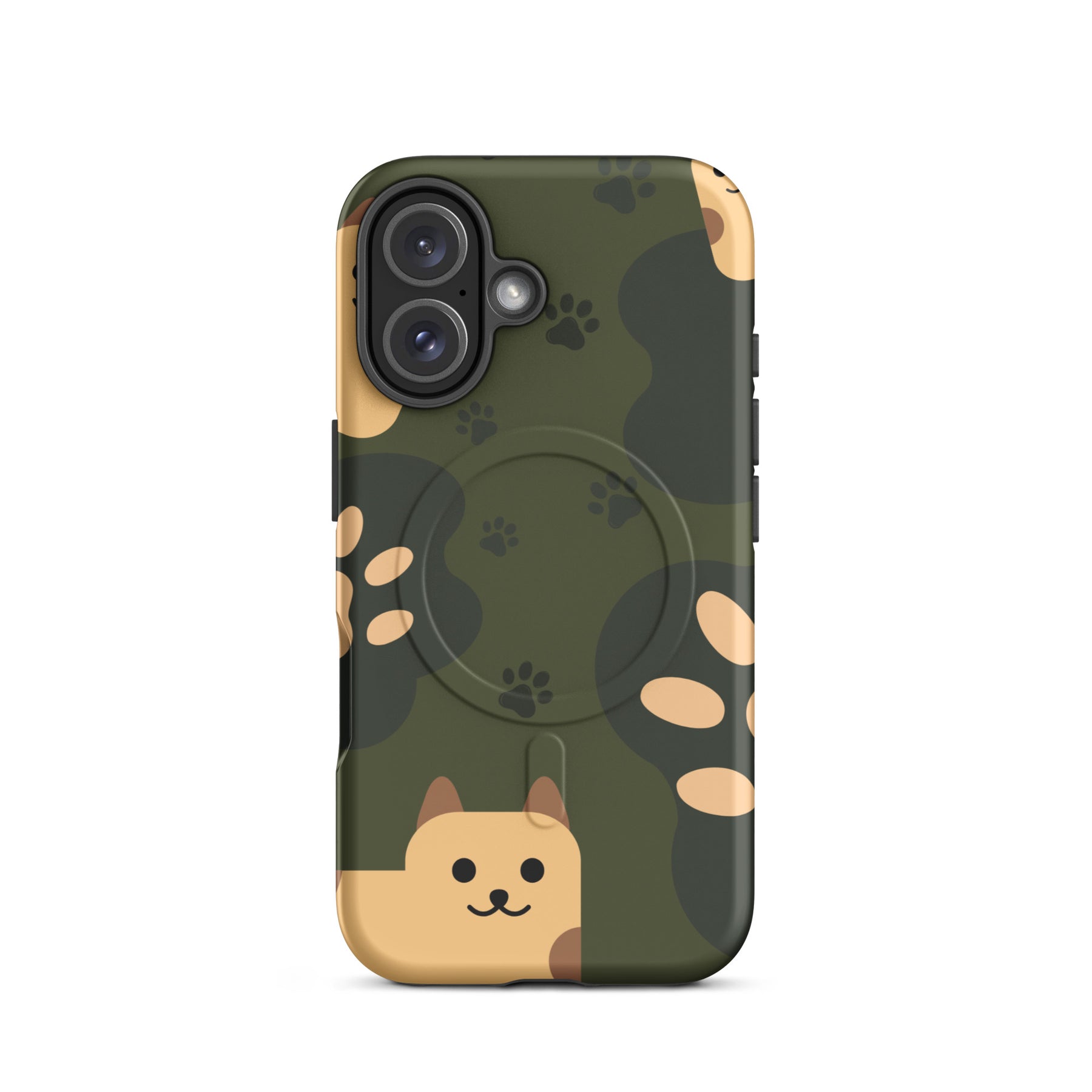 Phone case with cat design and camouflage pattern on a white background