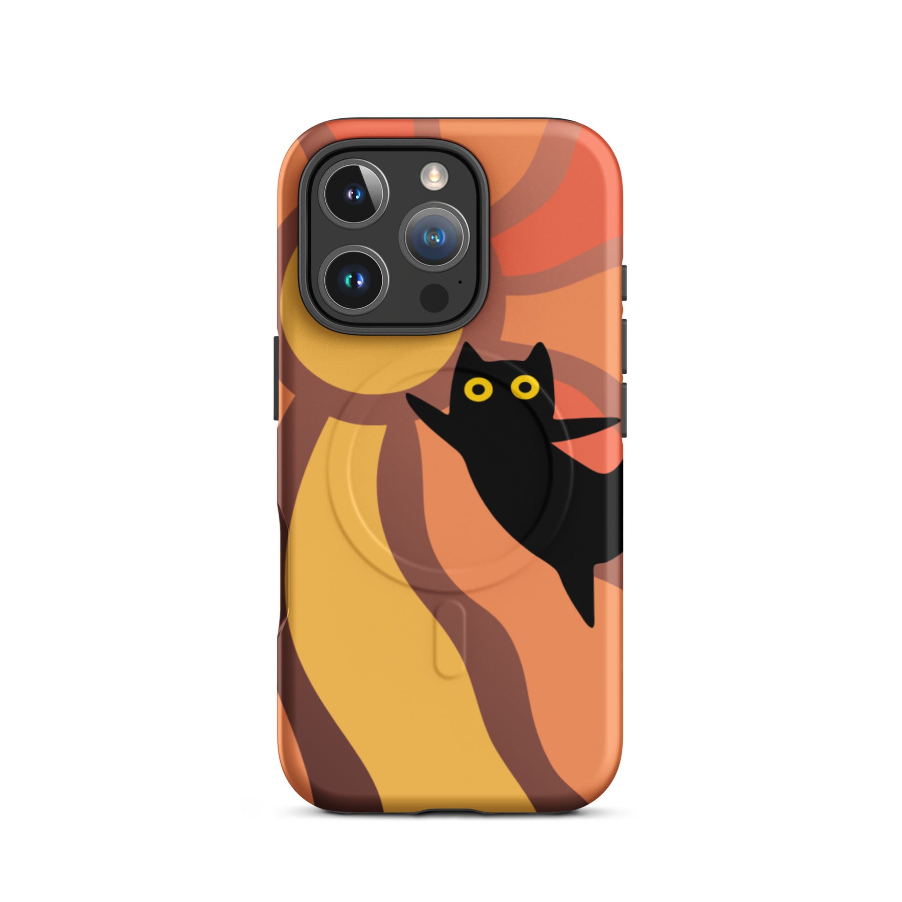 Phone case with a black cat design on a colorful background