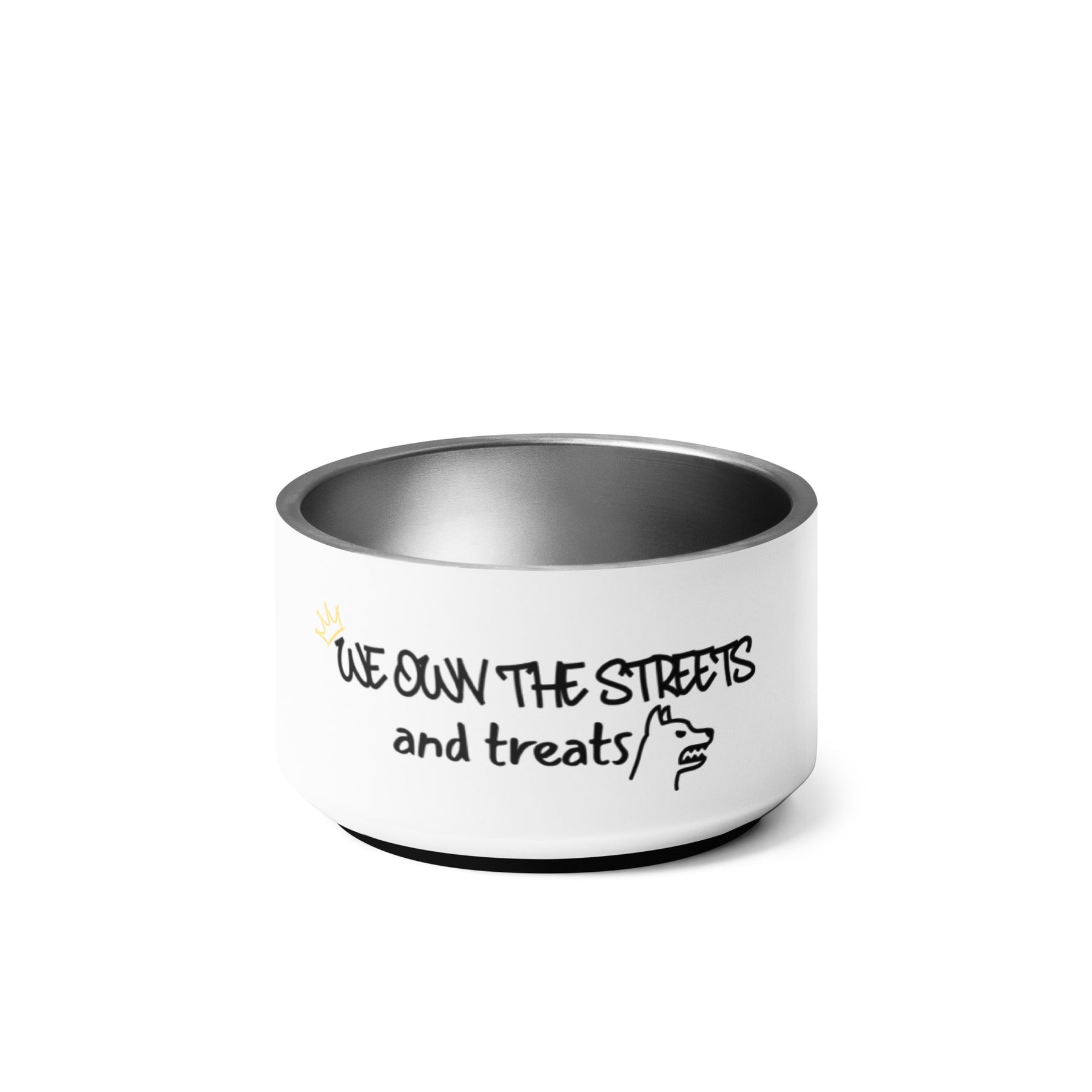 White dog bowl with black text on a white background