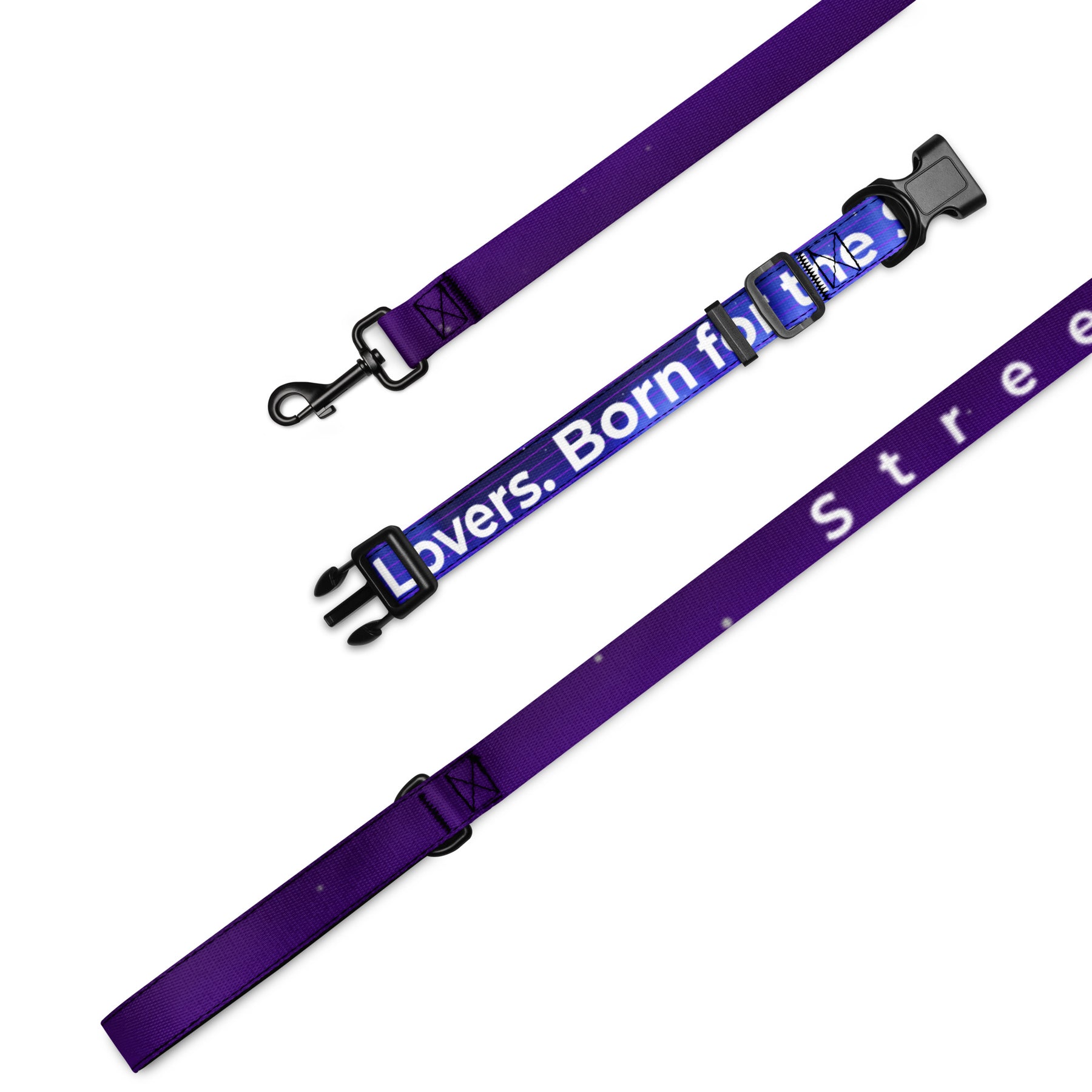 Purple dog leash with text on a white background