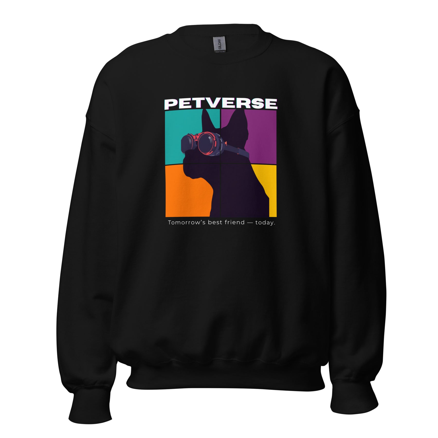 Black sweatshirt with colorful graphic and 'PETVERSE' text on a white background