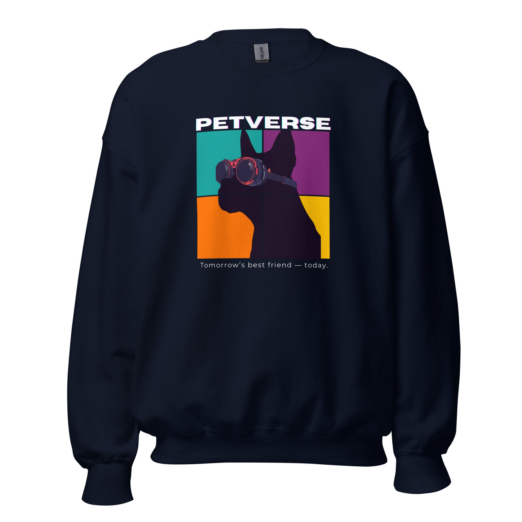 Black sweatshirt with colorful graphic and 'PETVERSE' text on a white background