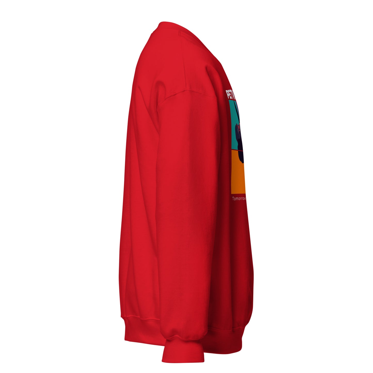 Red sweatshirt with a colorful graphic on the sleeve against a white background
