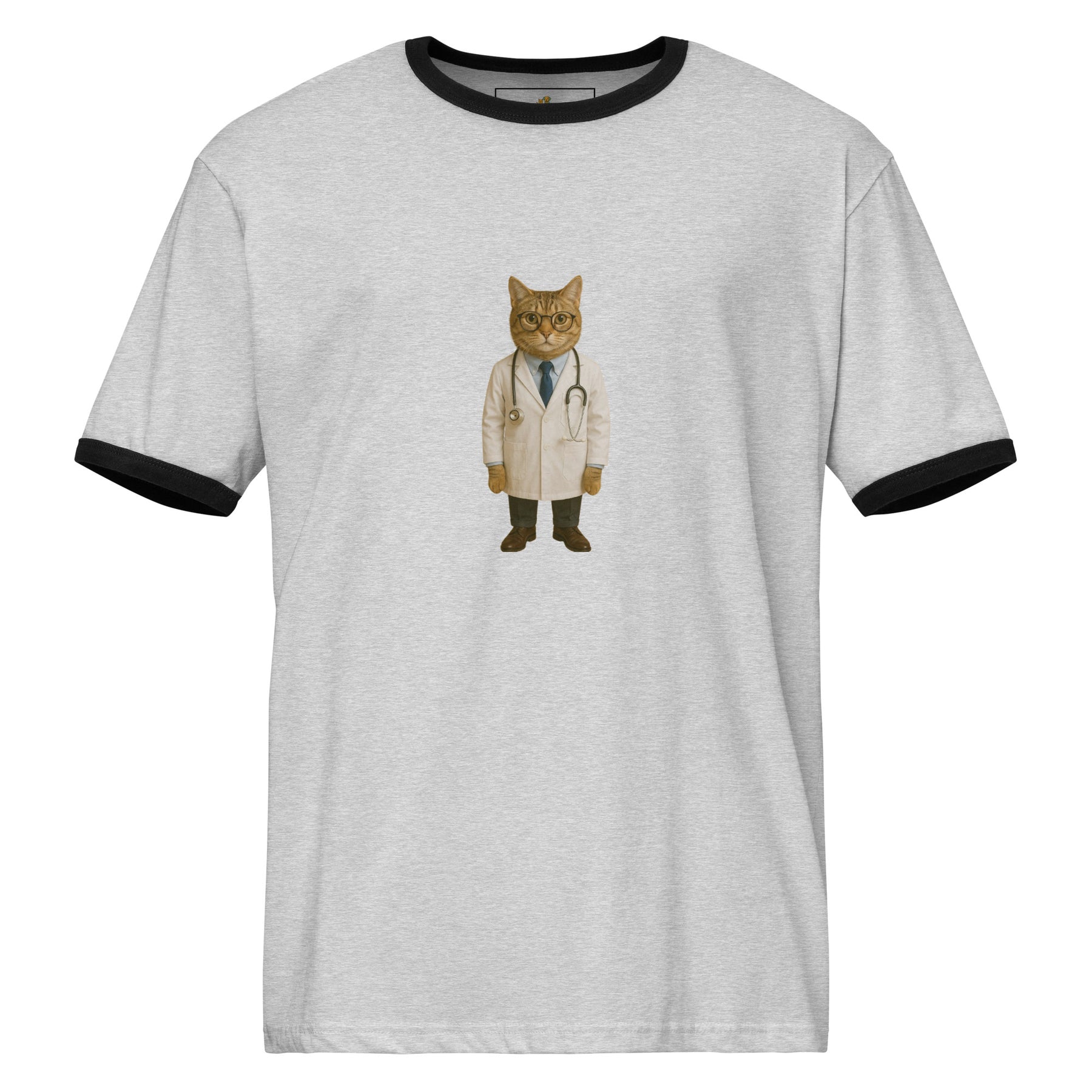 Gray t-shirt with a cat dressed as a doctor graphic on a white background