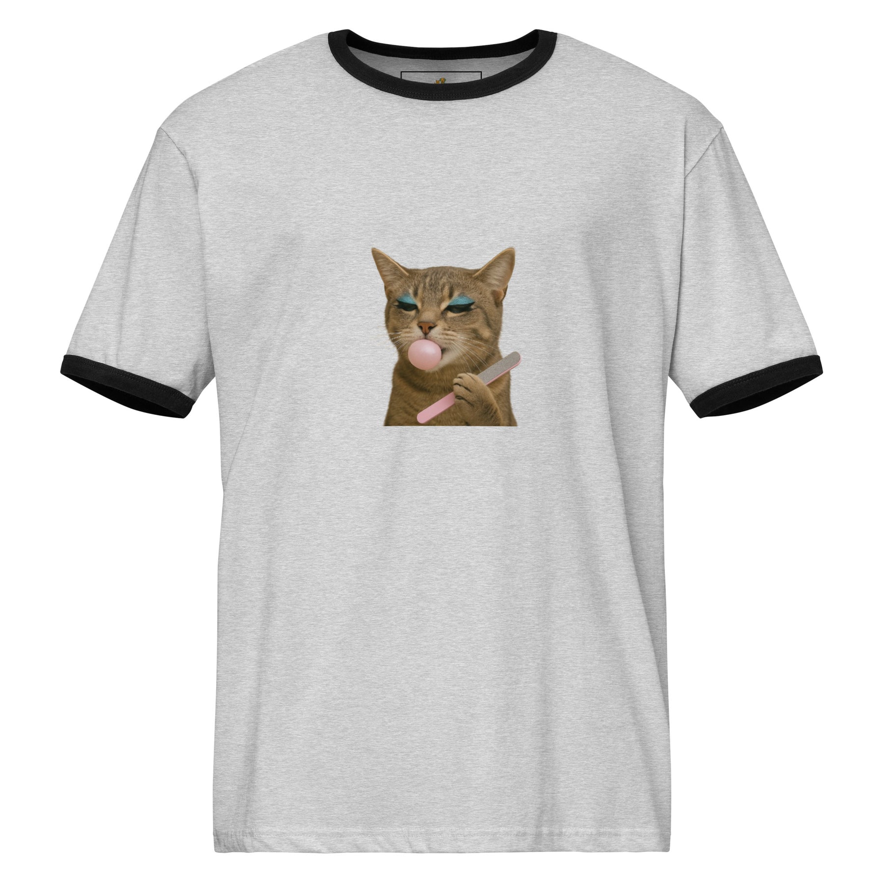 Gray t-shirt with a cat graphic blowing a bubble on a white background