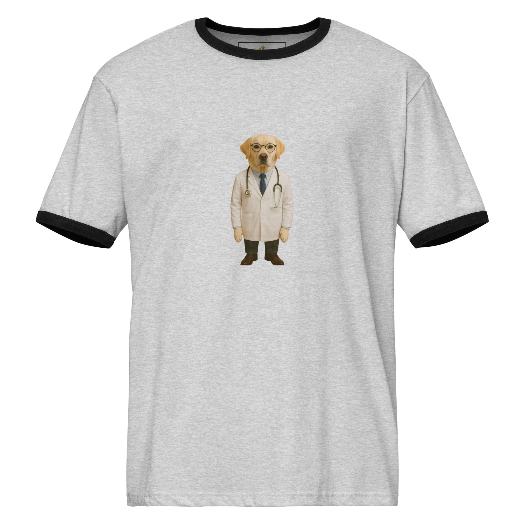 Gray t-shirt with a dog dressed as a doctor graphic on a white background