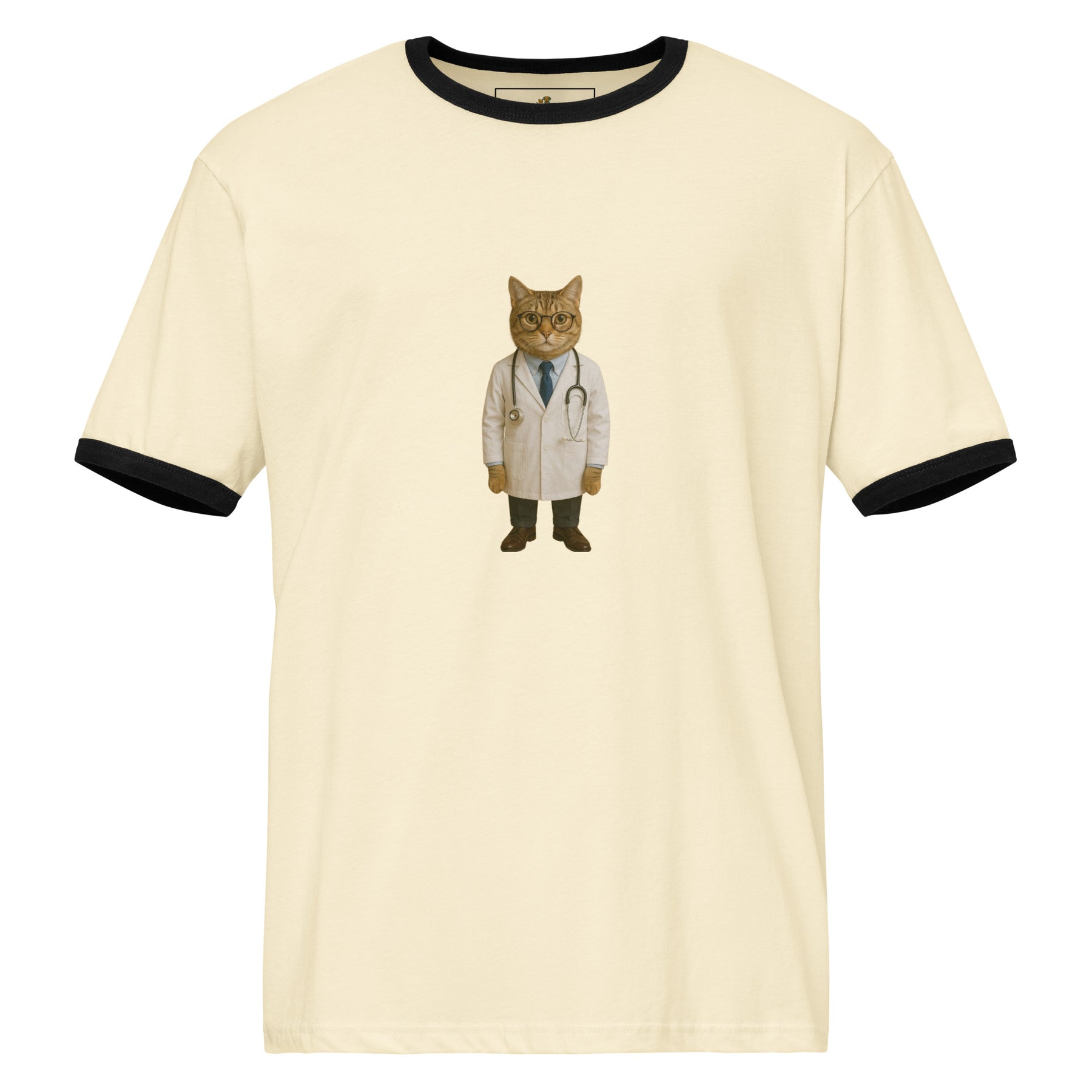 Beige t-shirt with a cat in a doctor's outfit on a white background