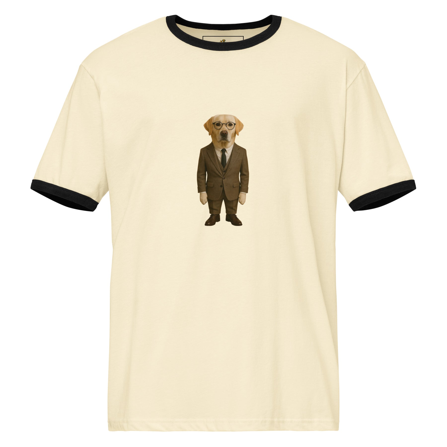 Beige t-shirt with a dog in a suit graphic on a white background