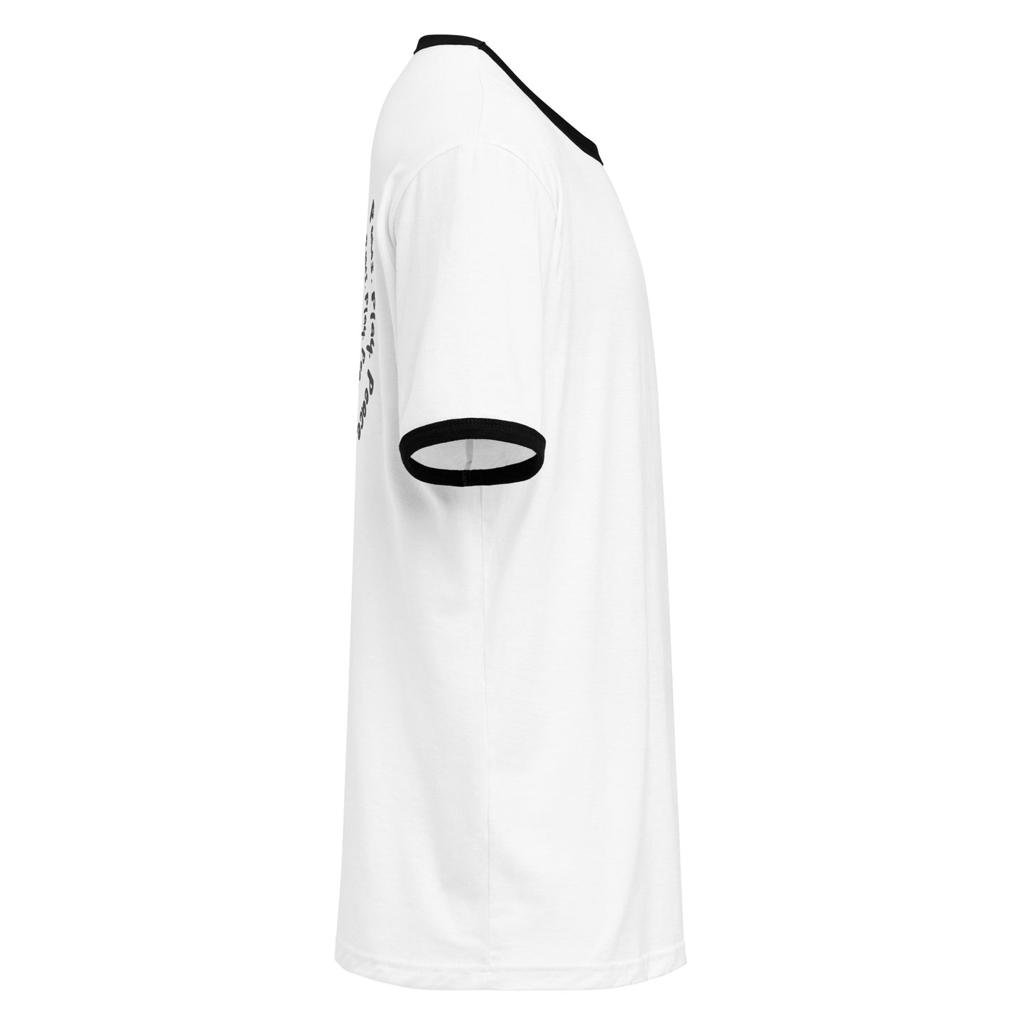 White t-shirt with black accents on a white background