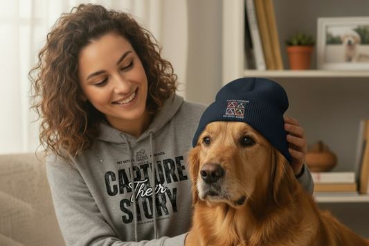 Stylish pet parent wearing We Don't Judge beanie with coffee - Pet Mosaic statement pet apparel fashion trend